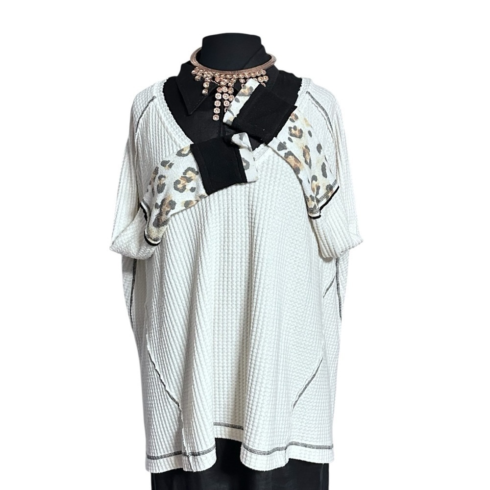 Free People Loving Leopard White and Black V-Neck Sweater Waffle Knit Thermal